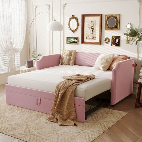 Velvet Upholstered Daybed with Pop Up Trundle,Twin Size