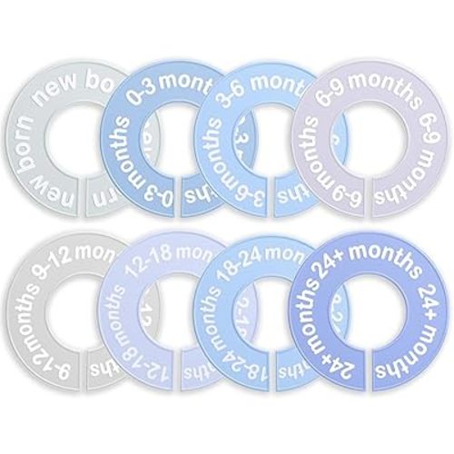 8 Pcs Baby Closet Dividers, Baby Clothes Dividers for Closet Clothes Size Divider Round Labels for Sorting From Newborn to 12+ Months Fits 1.5" Rod Organize Nursery Hangers(Blue)