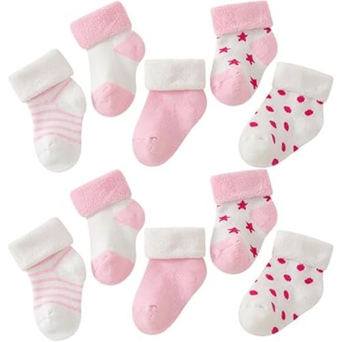5 Pairs Unisex Baby Terry Cloth Socks - Newborn Infant Soft Warm Winter Ankle Socks for Girls and Boys - Pink