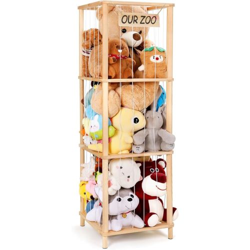 ACEPRUT 52.3in Large Wooden Stuffed Animal Storage Holder for 50 Plushies, Corner Stuffed Animal Zoo Organizer for Kidroom, Playroom & Bedroom