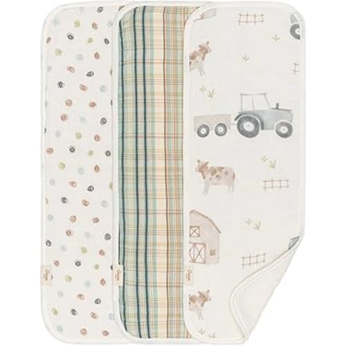 Crane Baby Burp Cloths Set, 3-pc. Charlie Farmhouse Tractor Collection, Soft 100% Cotton Muslin Burp Cloths for Baby Boys and Girls, Farm Nursery Décor
