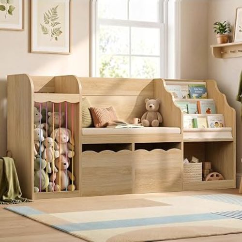 63" Kids Bookshelf with Large Reading Nook and Toy Storage Organizer, Oak | 5-in-1 design, anti-slip & soft padded bench, stuffed animal zoo, Montessori bookcase, 2 bins, safe round edges, easy reach