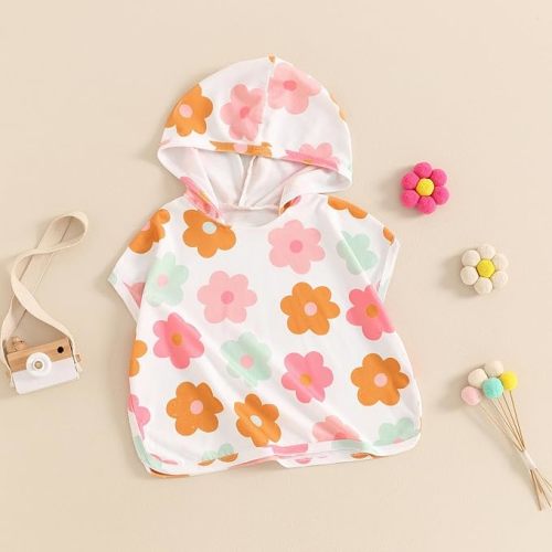 Infant Hooded Beach Towels for Baby Girl Swimsuit Cover up Summer Beach Bath Poncho Towel Cloak (Orange Flower, 6-12 Months)