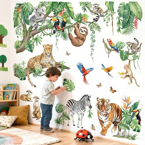decalmile Safari Animals Jungle Tigers Leaves Wall Decals Stickers (XL) | Peel and Stick Decals for Walls, DIY Wall Art Stickers, Removable & Wall-Safe, Vibrant Colors Wall Decor