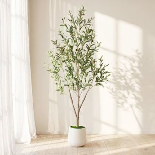 Romswi Faux Olive Tree with Oval White Planter, 5 FT Tall Faux Olive Trees, with Natural Wood Trunk Lifelike Fruits, Fake Greenry Plant for Home Decor