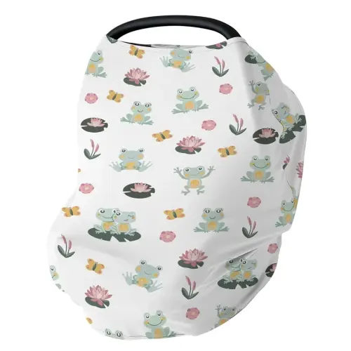 Cute Frogs Family Car Seat Cover for Babies Green Frogs Butterflies Lilies Pond Stretchy 5-in-1 Covers Adjustable Infant Carseat Canopy Cover Wildlife Nature Breathable Nursing Cover-Up
