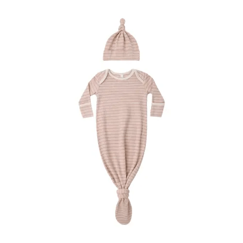 Quincy Mae Knotted Baby Gown + Hat Set - Dusty Rose Microstripe