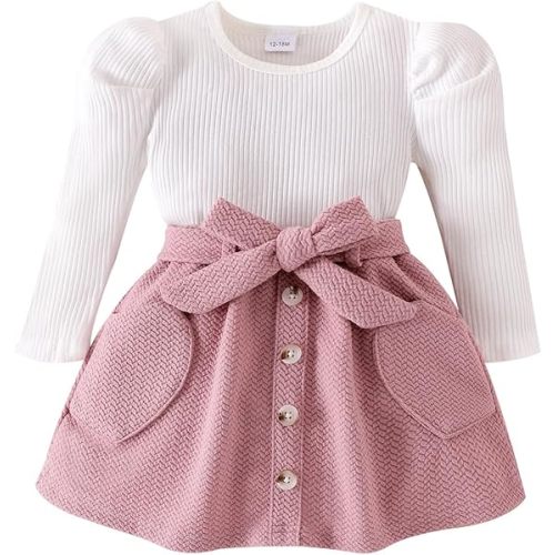 Toddler Girl Clothes Baby Fall Winter Outfits Knitted Puff Sleeve Tops + Infant Short Skirt + Belt 3Pcs 12 Months- 4T