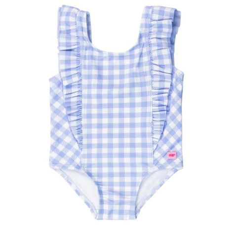 Rufflebutts Baby Girls Upf50+ Waterfall One Piece - Periwinkle Blue Gingham, 6-12m