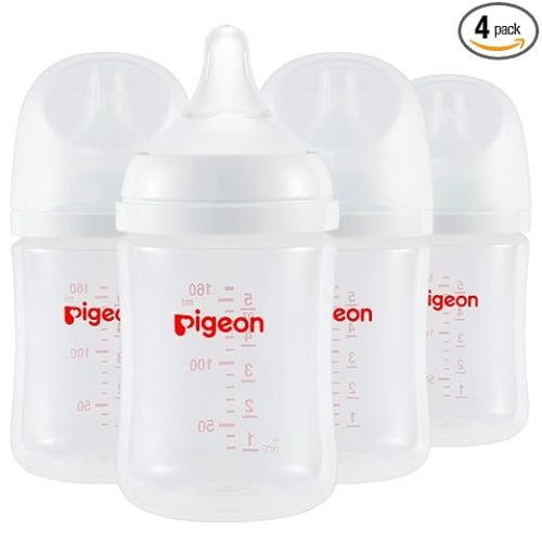 Pigeon PP Nursing Bottle Wide Neck, Anti-Colic, Streamlined Body, Natural Feel, Easy to Clean, 5 Oz (Pack of 4), Includes 4pcs SS Nipples (0m+)
