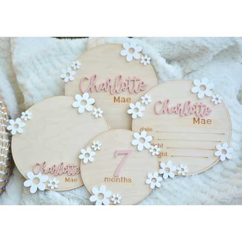 Daisy White and Pink Birth Stat Sign Birth Announcement Sign for Hospital/ Birth Stat Sign for Girl/ Name Sign Newborn Baby/Round Photo Prop
