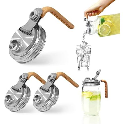 3 Pack Mason Jar Pour Spout Lids with Handle – Leakproof Flip Cap for Wide Mouth Jars, Airtight Stainless Steel Tops with Handle, Easy Open & Close Pitcher Lids for Mason Jars