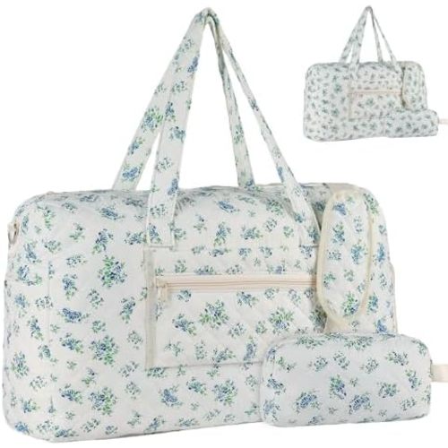 Large Floral Quilted Duffle Bag, Coquette Quilted Weekender Bag for Women, Portable Gym Bags, Handbag with Makeup Pouch with Dry and Wet Separation for Travel Hospital
