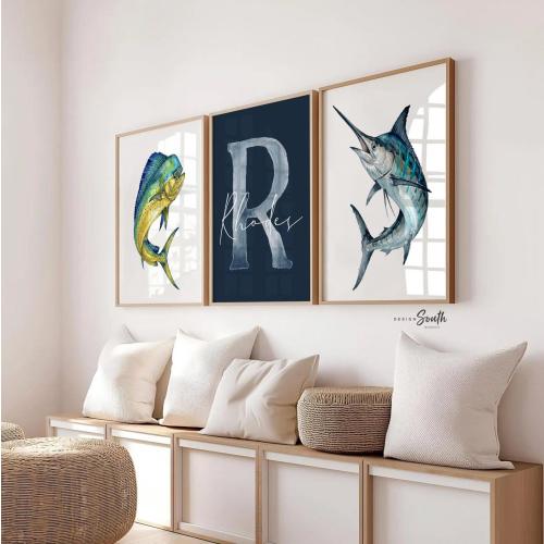 Personalized Blue Marlin & Mahi Mahi Nursery Wall Art Set (3 Prints)