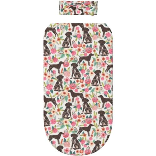 German Shorthaired Pointer Dogs Flower Floral Newborn Swaddle Blanket with Headband Set Soft Nursery Shower Gift Set for Unisex Baby