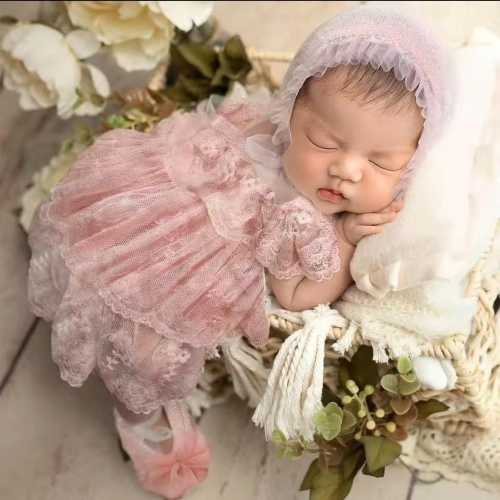 Blush Lace Newborn Romper with Bonnet & Shoes – 3-Piece Set