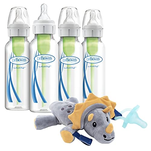 Dr. Brown’s Natural Flow® Anti-Colic Options+™ Narrow Baby Bottles 8 oz/250 mL, with Level 1 Slow Flow Nipple, 4 Pack & Triceratops Lovey with HappyPaci Pacifier, 0m+