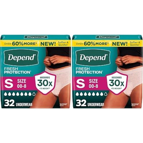 Depend Incontinence Underwear, Women, Small, 64 Count | Maximum Protection | Blush | Disposable