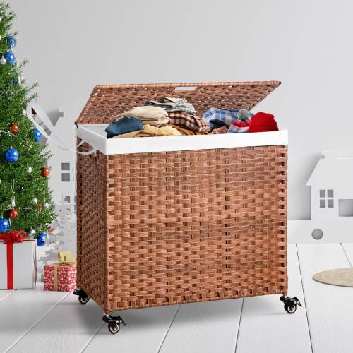 Laundry Hamper with Wheels, 160L Rattan Hampers & 2 Removable Liner Bags, Laundry Basket with Lid - 27"Lx 13.38"W x 26.18"H