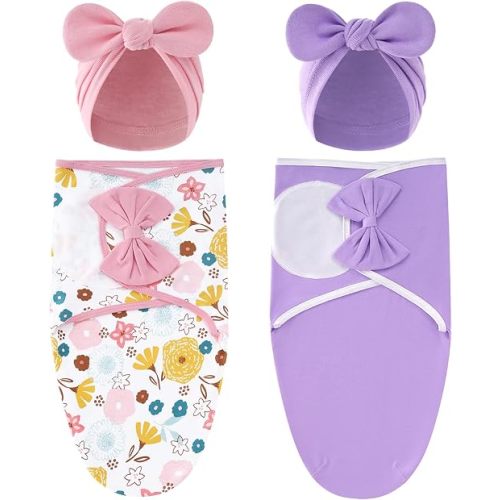Cinaci 2 Pack Adjustable Soft Cotton Blend Newborn Baby Receiving Swaddle Blankets Sleep Sacks with Big Bow Hats Caps Beanies Bonnets for Baby Girls Newborns Infants (Floral Pink+Purple)