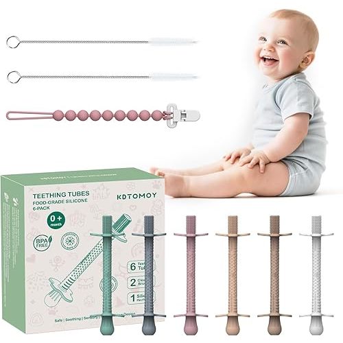 6-Pack Silicone Teething Tubes for Babies 6-12 Months, BPA-Free Non-Choking Teether Sticks Toys, Teething Relief Chew Straws for Infants & Toddlers, Baby Gifts (Sand Clay DustyRose Brown Green Blue)