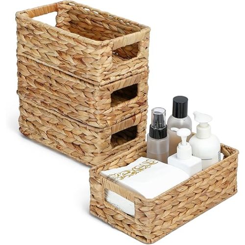 4 Small 3.6 QT Water Hyacinth Wicker Baskets for Shelves, 10" Long Woven Pantry Organizers and Storage Basket, Decorative Ratten Shallow Rectangle Baskets for Organizing Countertop Bathroom