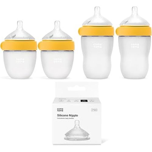 Silicone Baby Bottle Set for Newborn & Baby – Comotomo Gen 2 Feeding Bundle with 5oz & 8oz Anti Colic Baby Bottles (Yellow) + Fast Flow Replacement Nipples – Breast Like Bottle Feeding