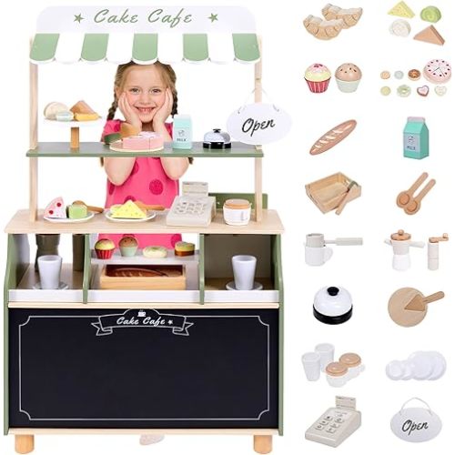 Wooden Coffee Shop Play Set, Pretend Grocery Store, Realistic Bakery Shop Sessert Stand with Toy Foods 37 PCS, Gift for Kids 3 4 5 6 Yead Old