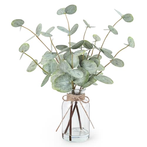 Bessol Artificial Eucalyptus Stems in Glass Vase with Faux Water, 13.5" Fake Plants for Home Decor, Coffee Table Centerpieces, Office, Bathroom & Farmhouse Weddings - Faux Greenery Plants Decorations
