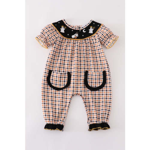 Halloween ghost embroidery plaid girl romper