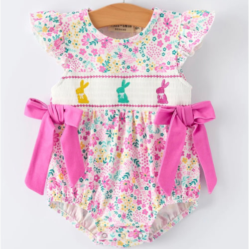 Easter Colorful Floral Bunny Bow Smocking Embroidery Baby Girl Romper