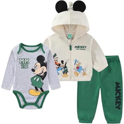 Disney Mickey and Friends Baby Boys Long Sleeve Bodysuit Zip Up Hoodie and Fleece Pants 3 Piece Set for Newborn Infants