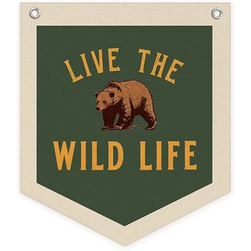 Boys Room Decor Live The Wild Life Banner Flag，Vintage Green Camping Hanging Wall Decor for Kids Nursery Toddler Room Bedroom Playroom Classroom 12X14in