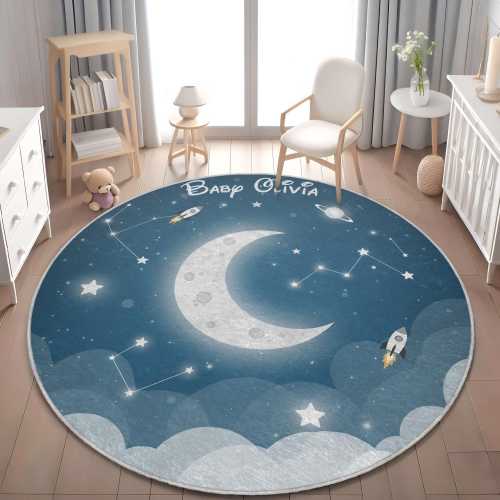 Personalized Round Moon and Stars Nursery Rug - Baby Boy Girl Rug – Custom Kids Room Carpet – Soft Space Play Mat - Baby Room -Newborn Gift