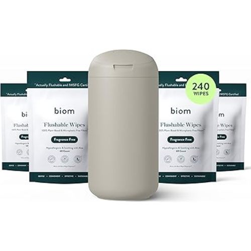 Biom Flushable Wipes Starter Kit - 4pk (240 Total) Fragrance Free Wipes + Refillable BPA-Free Dispenser- Biodegradable, Plant-Based, Non-Toxic Wet Wipes for Adults & Baby - Perfect For Home & Travel