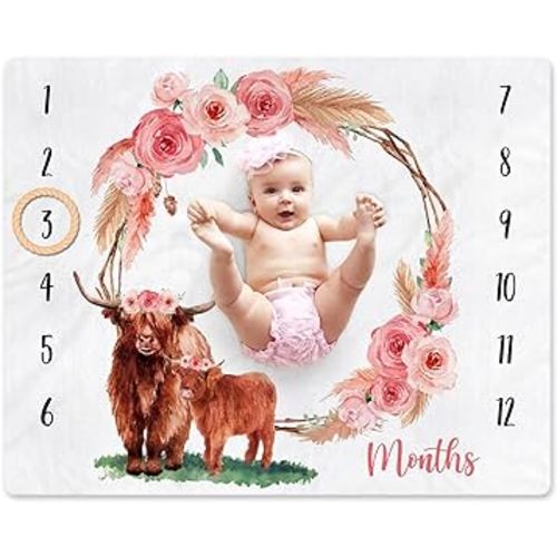 Highland Cow Baby Monthly Milestone Blanket Floral Scotland Photo Prop Blanket with New to The Herd Cattle Nursery Stuff Gift Ideas for Girl Newborn Nursery Décor Baby Gift 40" X 50