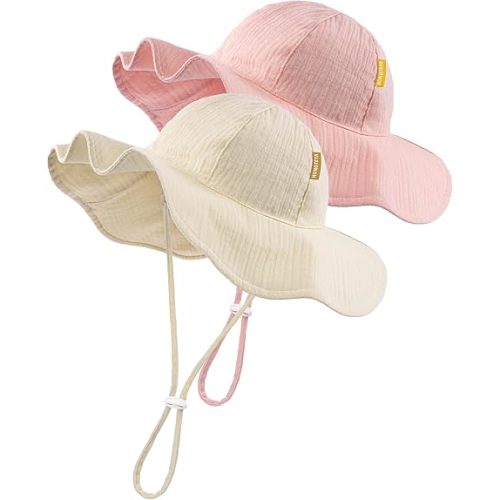 HONGTEYA Baby Sun Hat Muslin Sun Protection Toddler Bucket Hat Summer Beach Hats with Wide Brim for Girls Boys