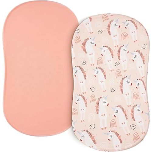 Baby Bassinet Sheets for Girls Boys 2 Pack Baby Sheets for Square Rectangle Oval Bassinet Mattress 33X16 Inch, Unicorn & Meat Powder