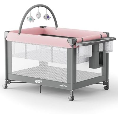 Pamo Babe Pack and Play - Travel Crib with Mattress, Easy Setup Small Portable Playpen for Babies, Lightweight Foldable Baby Playard with Lockable Wheels, Toy Arch & Large Storage Bag - Grey
