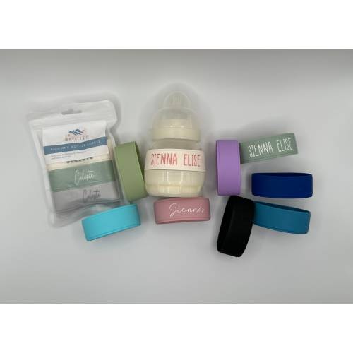 3pk Bottle Bands - Silicone Name Labels for Daycare - Personalized labels for bottles and sippy cups | Gift for baby & toddlers