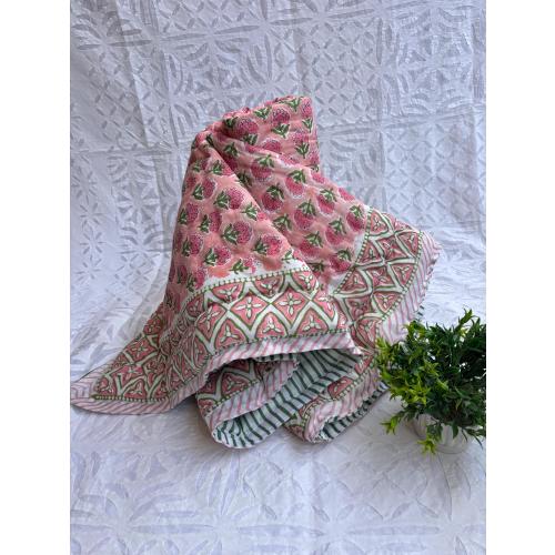 Hand Block Printed Baby Quilt, Organic Cotton Peach Floral Blanket (44x70)