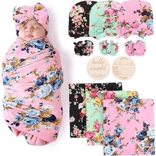 Newborn Receiving Blanket with Bow Hat Mittens Set Nursery Swaddle Wrap Toddler Swaddles for Newborn Baby Boy Girl