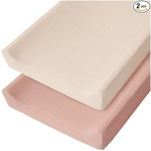 Konssy Muslin Changing Pad Cover for Baby Girls Boys, 100% Cotton Fitted Diaper Chang Table Covers, Soft Breathable Changing Pad Sheets, 2 Pack (Pink,Cream)