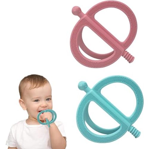SOLIFEGOBLE 2-Pack Silicone Baby Teething Rings - Easy-Grip Chew Toys with Textured Surfaces, BPA-Free Teethers for Infants 3-12 Months (Light Green+Light Pink)