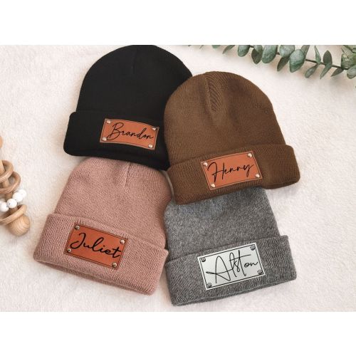 Personalized Name Baby Beanie Hat, Leather Patch Beanies for Baby hat, Birthday Gift, Baby Knit Beanie, Baby Shower Gift,baby Birthday Gift