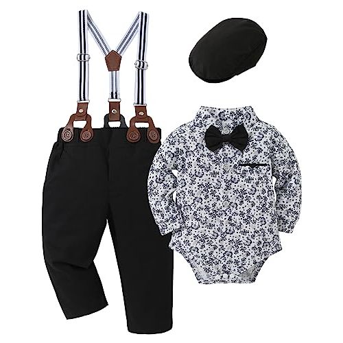 Baby Boy Clothes Suits 0-24M Infant Boys Wedding Baptism Outfit | Baby Boy Dress Outfit Long Sleeve Shirt+Suspender Pants+Bowtie+Beret Set Formal Church Christening Outfits for Baby Boys