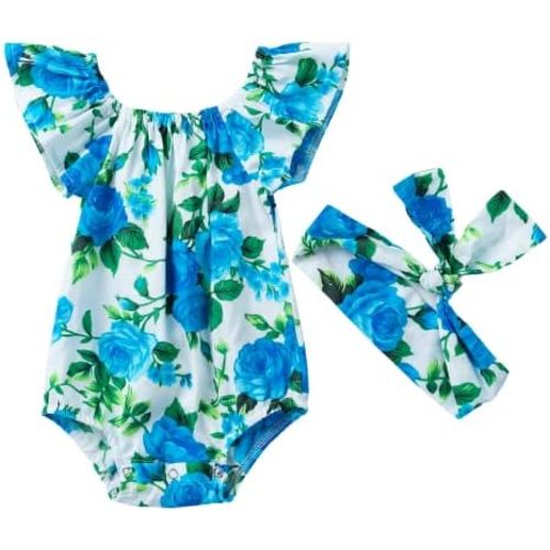 Winmany Newborn Baby Floral Romper Ruffle Sleeveless Infant Girl Summer Cotton Jumpsuit Bodysuit + Bowknot Headband