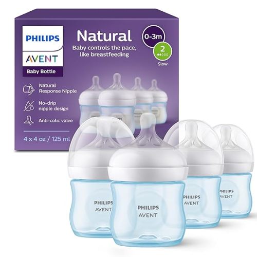 Philips Avent Natural Baby Bottles, Slow Flow, 4 oz, BPA-Free, 4-Pack | Baby-Controlled Flow, No-Drip Design, Reduces Colic and Gas with Anti-Colic Valve, Blue, SCY900/24