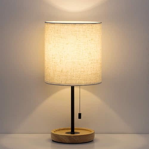 HAITRAL Bedside Table Lamp - Modern Nightstand Lamp with Linen Fabric Shade Wooden Desk Lamps for Bedrooms, Office, College Dorm, Dinning Room, Girls Room - 16 Inches (HT-AD005) | Modern Lamp, Wooden Desk Lamps for Bedrooms, Office, College Dorm, Dinning 