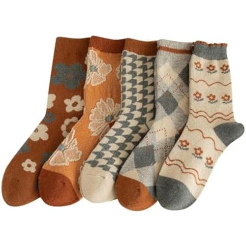 5/10 Pairs Wool Socks for Women Thick Knit Vintage Cute Floral Crew Socks